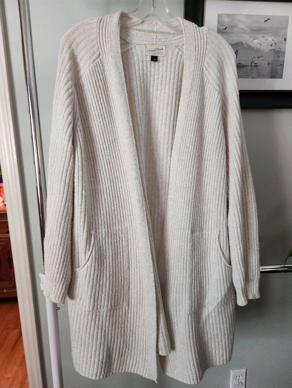 Cream Open-Front Ribbed Cardigan with Pockets